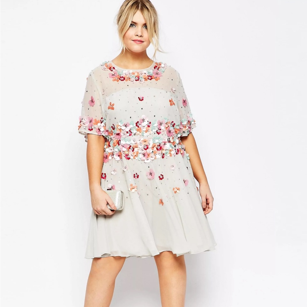 ASOS Curve Floral Embellished Mini Dress - Cream and Multicolor